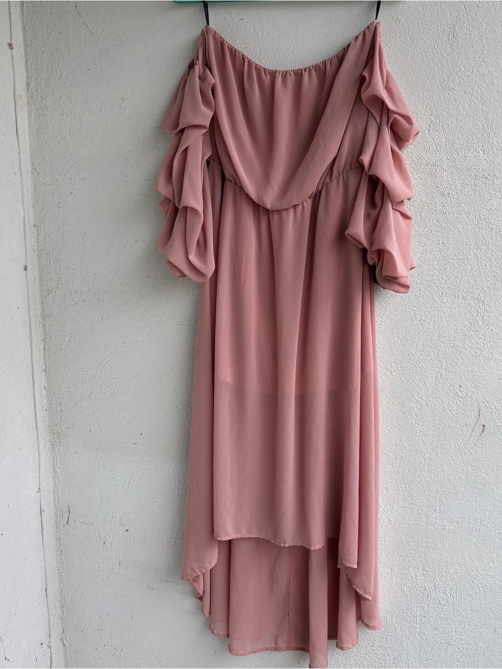 Papaya Blush Pink High-Low Off-Shoulder Ruffle Dress